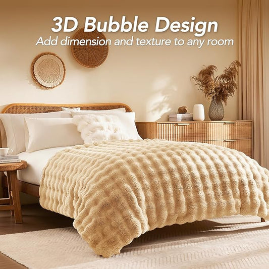 L'AGRATY Faux Rabbit Fur Blanket: 90" x 90" Queen Luxury Soft Fluffy Thick Fur Throw Blanket for Couch Bed - Cozy Plush Bubble Blankets for Winter: Flannel Fleece Decorative Blanket(Milk Tea Brown)