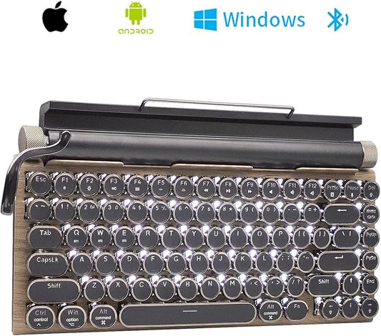 Retro Mechanical Keyboard, Punk Bluetooth Wireless & Wired, 75% Layout, LED Backlit, Round Keycaps, 83 Keys, for iOS/Android/Windows/Mac/iPad, Wood Color