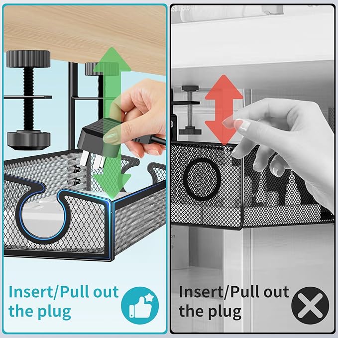 Under Desk Cable Management Tray Black, No Drill Organizer With Clamp for Wire Management, PC Cord Accessories & Workspace Organizers for Office, Home
