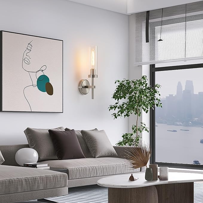 Wall Sconces Set of Two,Brushed Nickel Bathroom Sconces Wall Lighting with Clear Glass, Modern Sconces Wall Decor Set of 2 Wall Light fixtures for Bathroom Mirror Living Room Hallway Bedroom Wall Lamp