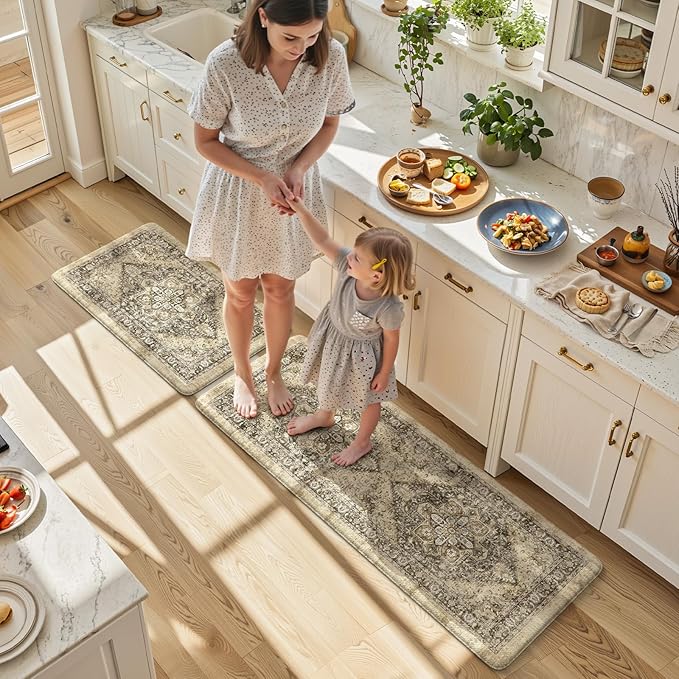 KIMODE Anti Fatigue Kitchen Mats for Floor, Boho Kitchen Rugs Sets of 2, Cushioned Kitchen Floor Mats, Comfort Standing Mat for Sink Laundry Office Desk Brown 17"x59"+17"x29"