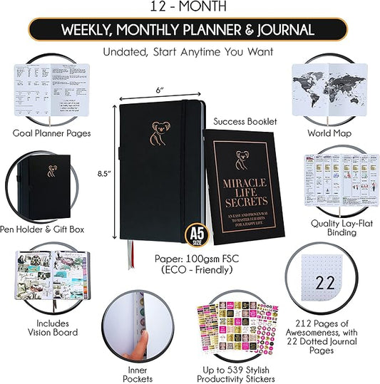 Life Planner - Gratitude Journal for Men & Women | Daily, Weekly & Monthly Planner with Budget Section, Time Blocking, Habit Tracker for Peace of Mind Planning to Increase Productivity & Happiness