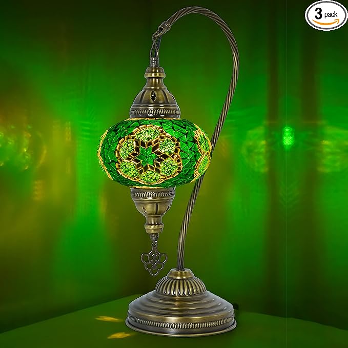 mozaist Moroccan Mosaic Tiffany Style Desk Lamp, Turkish Stained Glass Handmade Bedside Gooseneck Table Lamp, Bohemian Living Room Vintage Light with E12 Socket & US Plug (Dark Green)