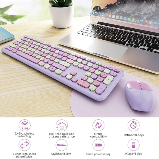 Wireless Keyboard and Mouse Combo, Colorful Ergonomic Full Size Retro Low-Noise Keyboard with Cute keycaps, Compatible with Windows, PC, Perfer for Home and Office Keyboards (Purple)