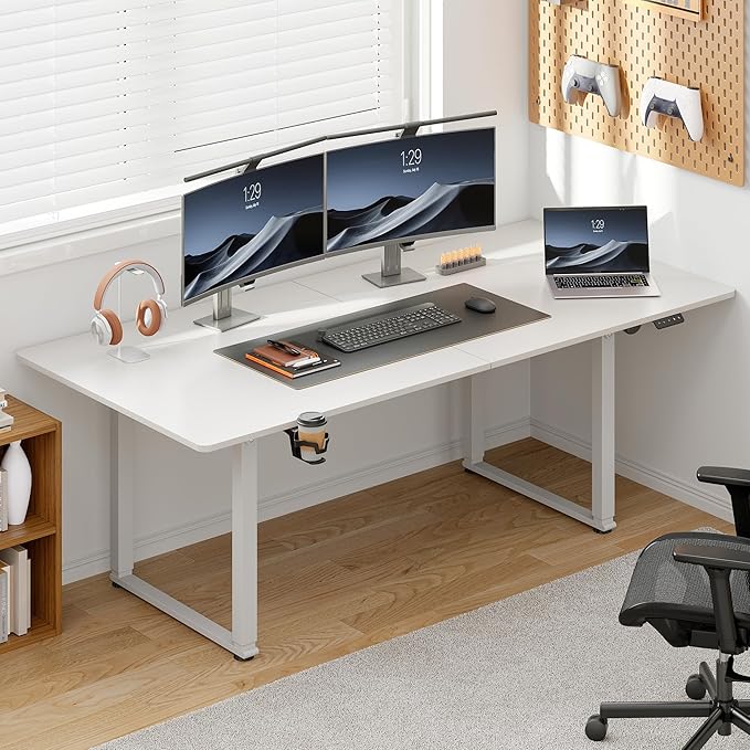 71x32 Inch Adjustable Standing Desk with 4 Legs, Stand-up Desk Features a Spacious Rectangular Top, Dual-Motor Lift, and Memory Presets (28-46Inch) for Home Offices or Computer Workstations, White