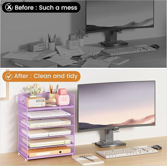 Subekyu 6-Tier Desk Paper Organizer, Desktop File Letter Tray with Handle, Document Sorter and Accessories Holder for Office, Home and School Workspace Organizers, Purple-2 Pack