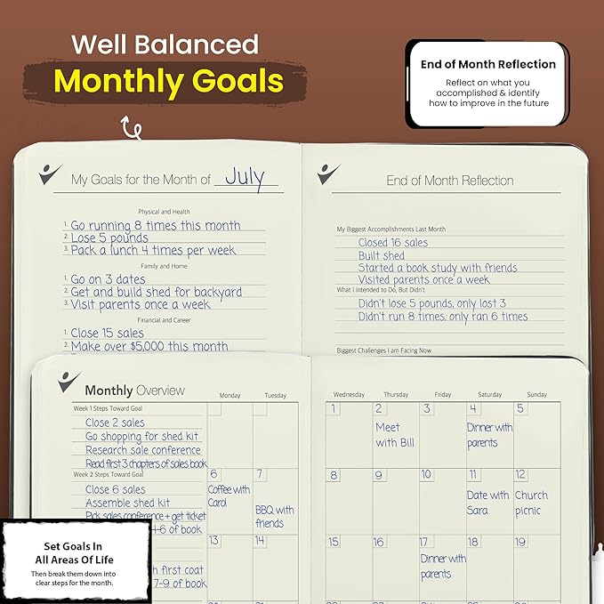 Undated Planner - 90 Day Guided Journal, 2025 2026 Weekly Organization, Productivity Habit Tracker, Inspirational, Life Setting, Brown Leather, Almond Pages