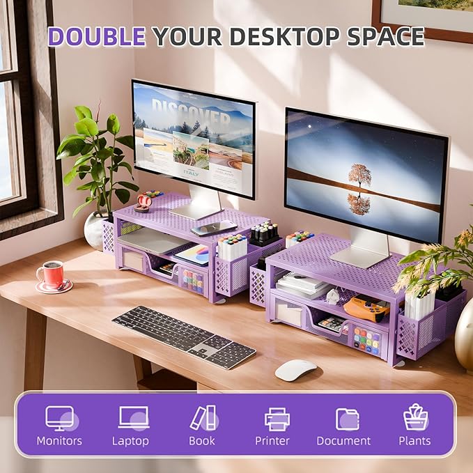 Simple Trending 2 Tier Metal Monitor Stand Monitor riser and Computer Desk Organizer with Drawer and Pen Holder for Laptop, Computer, iMac, Purple