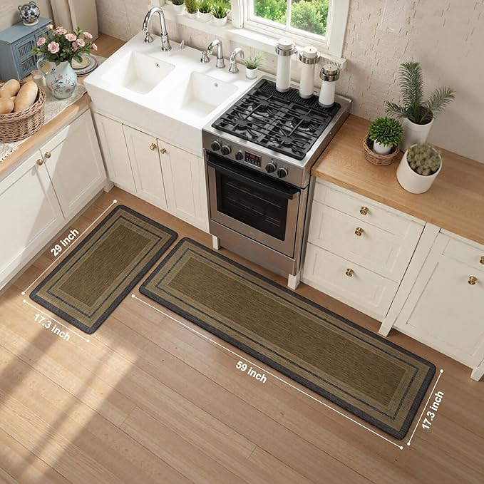KIMODE Anti Fatigue Mats for Kitchen Floor 17.3"x29"+17.3"x59", Farmhouse Kitchen Rugs Sets of 2, Memory Foam Kitchen Mat for Floor, Comfort Standing Mats for Laundry Office Sink Desk Grey/Brown