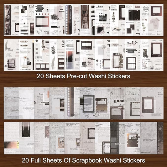 Dizdkizd Washi Stickers Book for Journaling, Vintage Scrapbook Ephemera with 180pcs Film Stickers and 20 Adhesive Scrapbooking Papers, Junk Journaling Supplies