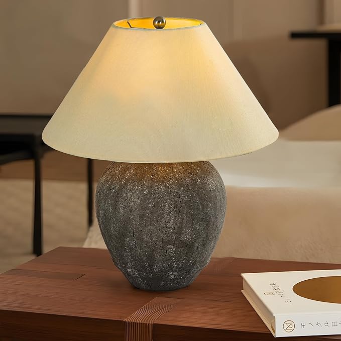 Pia Ricco 21'' Large Gray Base Ceramic Basin Table Lamp for Bedroom, Living Room, Dining Room, Office, White Shade