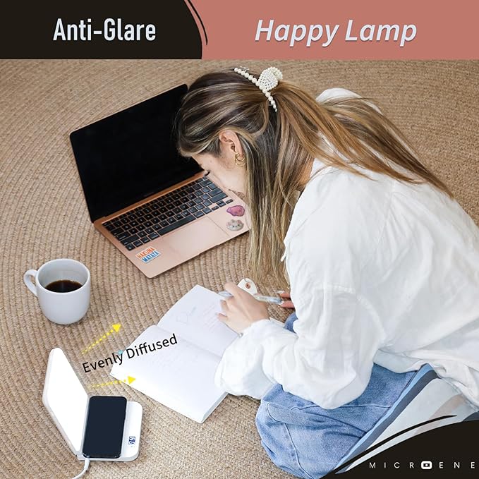 Light Therapy Lamp with Wireless Phone Charger Pad, 2 in 1, 10,000 Lux Bright White UV-Free LED, Anti-Glare, 5 Adjustable Brightness, Sunlight Lamp with Timer, Energy Booster