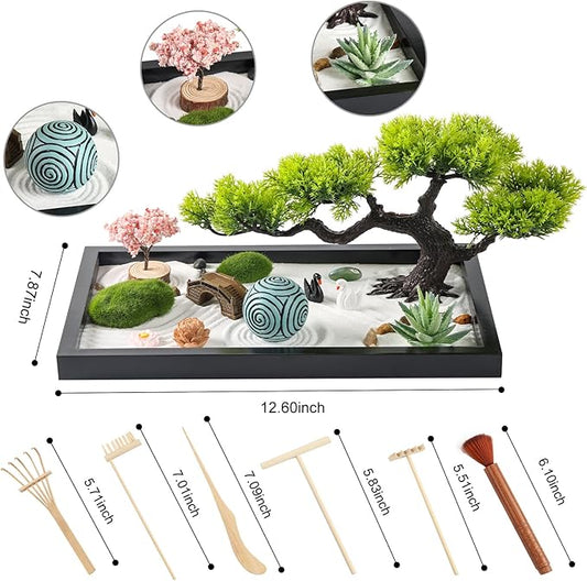 Zen Garden Kit for Desk Decor - Premium Beautiful Japanese Mini Zen Sand Garden Box Set for Home, Office with Black Wooden Tray, White Sand, Tools, Sandball - Desktop Meditation, Accessories