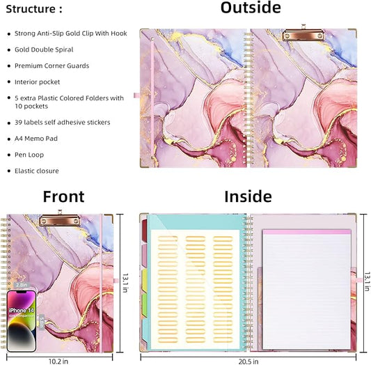 Ospelelf Clipboard with Storage 8.5 X 11,Padfolio Organizer, Spiral Portfolio Letter Size with Notepad, Pen Holder, 5 Extra Folder Divider Pages, Elastic Closure Nurse Office Essentials (Pink Marble)