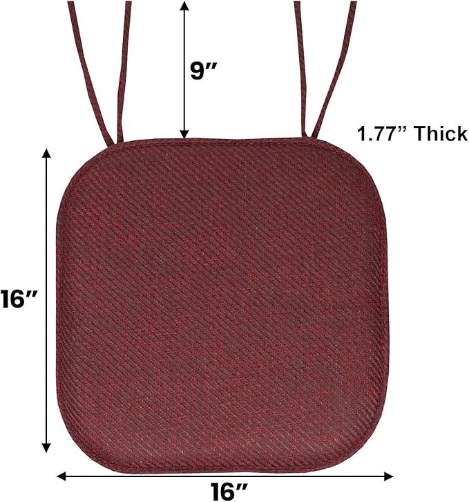 Sweet Home Collection Chair Cushion Memory Foam Pads with Ties Honeycomb Pattern Slip Non Skid Rubber Back Rounded Square 16" x 16" Seat Cover, Herringbone Burgundy, 12 Count (Pack of 1)