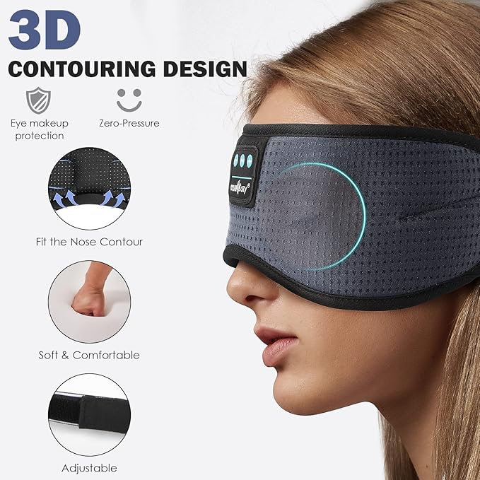 MUSICOZY White Noise Bluetooth Sleep Mask with 8 Soothing Sounds & 3D Wireless Sleep Headphones, Bluetooth Sleeping Headphones for Yoga Travel Office Relaxation, Tech Gadgets Gifts