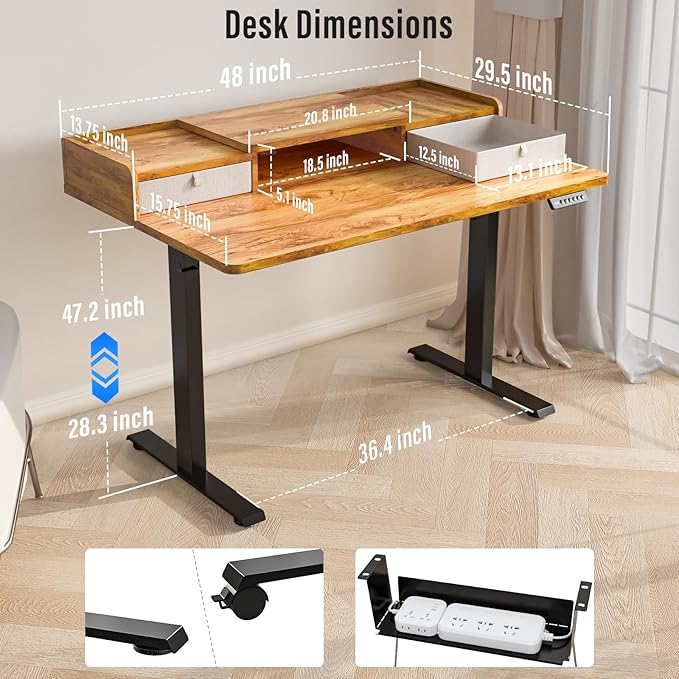 Kingant 48" x 30" Standing Desk with Drawers, Large Desktop, Ergonomic Sit Stand Desk for Home Office Work, Cable Management, 3 Preset Heights & 2 Hooks, Light Rustic