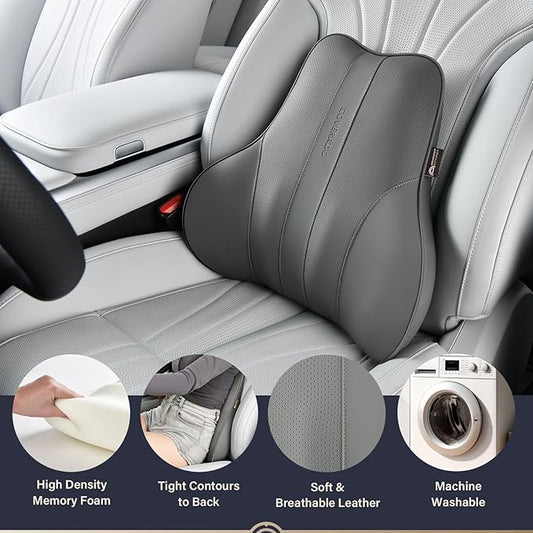 Coverado Lumbar Support Pillow for Car, Ergonomic Memory Foam Back Pillow for Office Chair, Back Cushion for Back Pain Relief, PU Leather Car Lumbar Support for Driving Seat - Gray