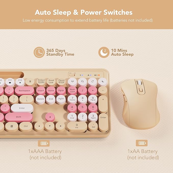 Wireless Keyboard and Mouse Combo, Retro Round Keycaps, Cute Full-Size Typewriter Keyboard with Phone Holder, Sleep Mode, Click Soft, 2.4GHz Cordless Connection for Windows/PC/Laptop (Latte-Colorful)
