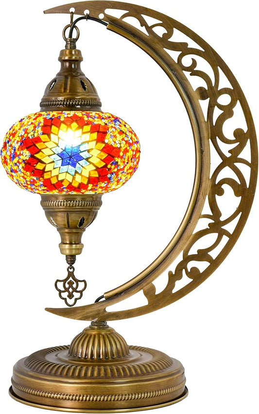 mozaist Turkish Tiffany Style Moon Shape Table Lamp, Moroccan Mosaic Crescent Handcraft Desk Light, Rustic Stained Glass Dining Room, Bedside Colorful Home Decor with E12 Socket & US Plug (Sunflower)