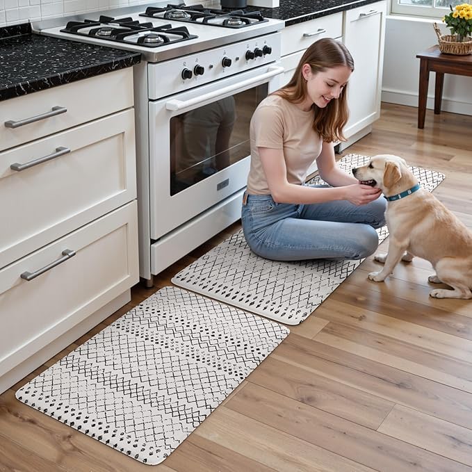KIMODE Anti Fatigue Kitchen Mat, 20"x47"+20"x32" Kitchen Rugs Set of 2, Non-Slip Kitchen Floor Mats Cushioned, Comfort Mats for Kitchen Floor, Sink, Laundry, Office, Desk Black and White