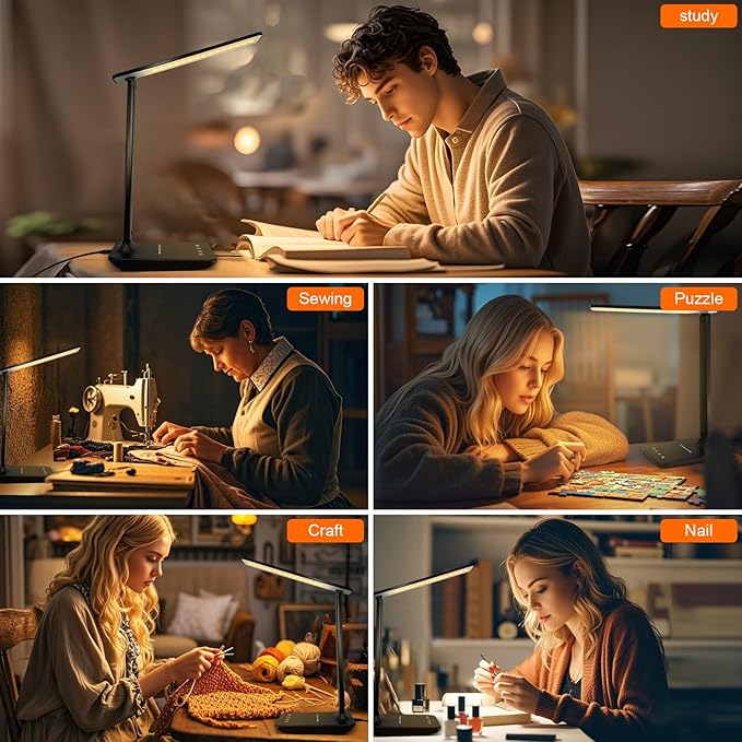 LED Desk Lamp for Office Home, Bright Desk Light with USB Charging Port, Adjustable Dimmable Desk Lamps 5 Modes 5 Brightness, Touch Study Lamp for Nail, Craft, Puzzle, Sewing, Study, Black