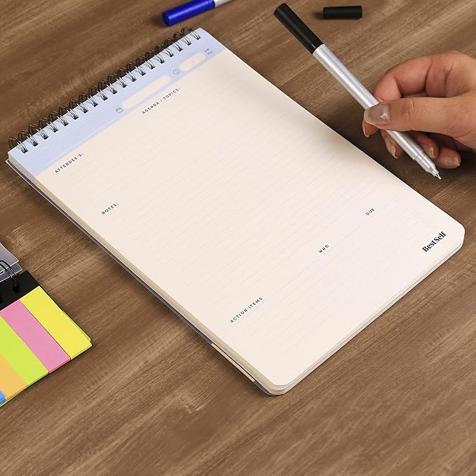 BestSelf Meeting Mastery Pad - 9.50ā X 6.70ā - Compact Design Professional Notebook, Journal Notebooks, Perforated Notebook Journal, 50 Double-Sided 120gsm Sheets | Blue Writing Pads