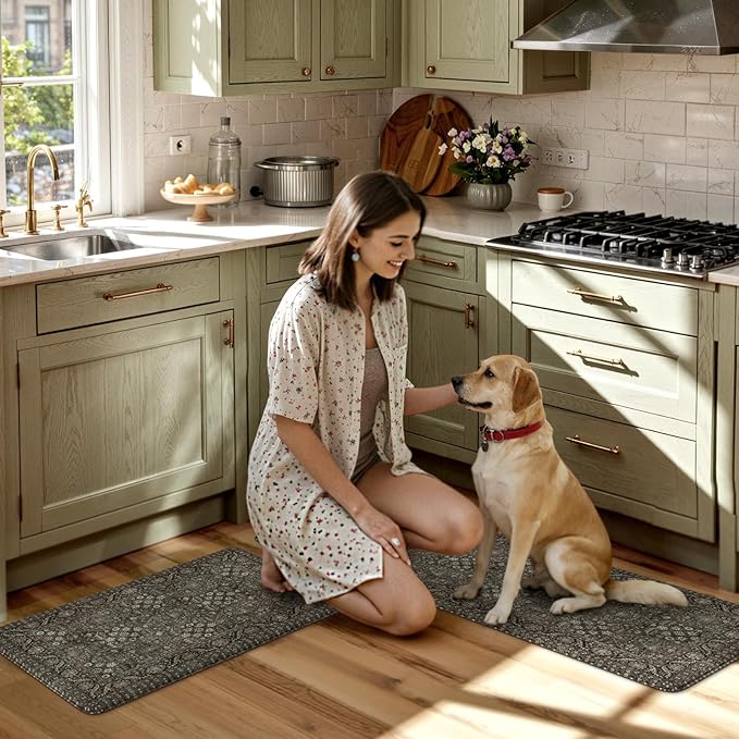 KIMODE Anti Fatigue Kitchen Mat 2PCS,Waterproof Farmhouse Green Kitchen Rugs Non-Slip,Vintage Kitchen Mats for Floor,Cushioned Comfort Standing Mat for Laundry,Office,Sink,Desk,17"x47"+17"x29"