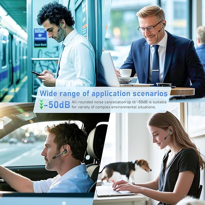 Single Ear Bluetooth Headset with Dual Mic, 50dB AI ENC Call Background Noise Cancelling Wireless Earpiece for Trucker Driver, Business Office, Home Work