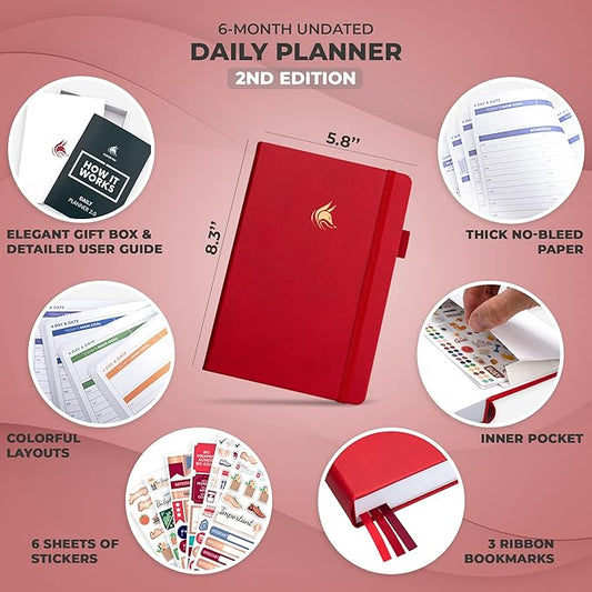 Clever Fox Daily Planner 2nd Edition – Undated Time Block Task Organizer with Hourly Schedule & To-do list – A5, 6 Months (Red)
