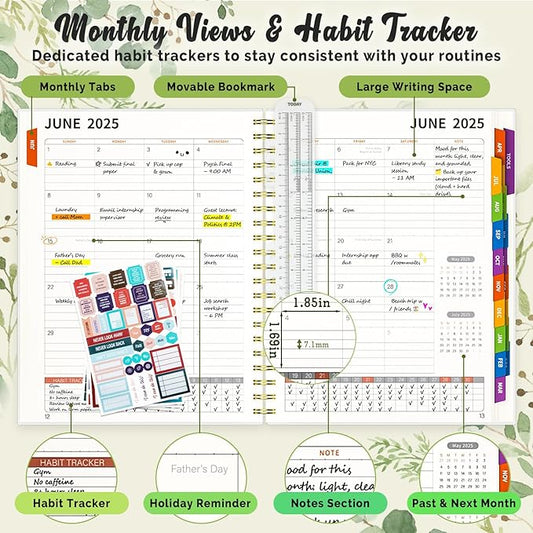 Jun 2025-Dec 2026 Academic Monthly Weekly Daily Planner for School, 19 Months Calendar 25-26 Planning Book with Colorful Tabs, 8.5" x 11" Mid Year College Organizer for Student Teacher (Greenery)