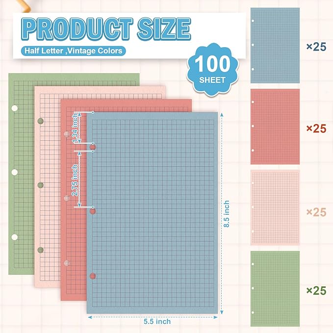 100 Sheets Half Letter 3 Hole Notebook Grid Paper Refill 5-1/2 x 8-1/2 Loose Leaf Paper for Mini Binder Colored Graph Paper Bulk Quad Ruled Graph Paper for Planner Inserts for School Office