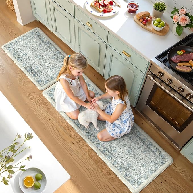 KIMODE Anti Fatigue Kitchen Mat, Boho Distressed Kitchen Rugs Sets of 2,Kitchen Mats for Floor Cushioned Non Slip, Comfort Kitchen Floor Mats for Sink, Laundry, Desk Blue 17"x59"+17"x29"