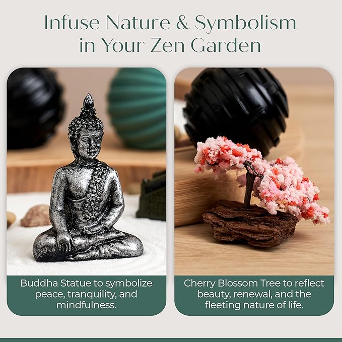 Zen Garden for Desk – Mini Zen Garden Kit for Calming Stress & Relaxing - Japanese Sand Box with Tray, Buddha, Tree, Sand, Rakes, Pebbles & Balls – Sensory Relaxation Gift for Home & Office Decor