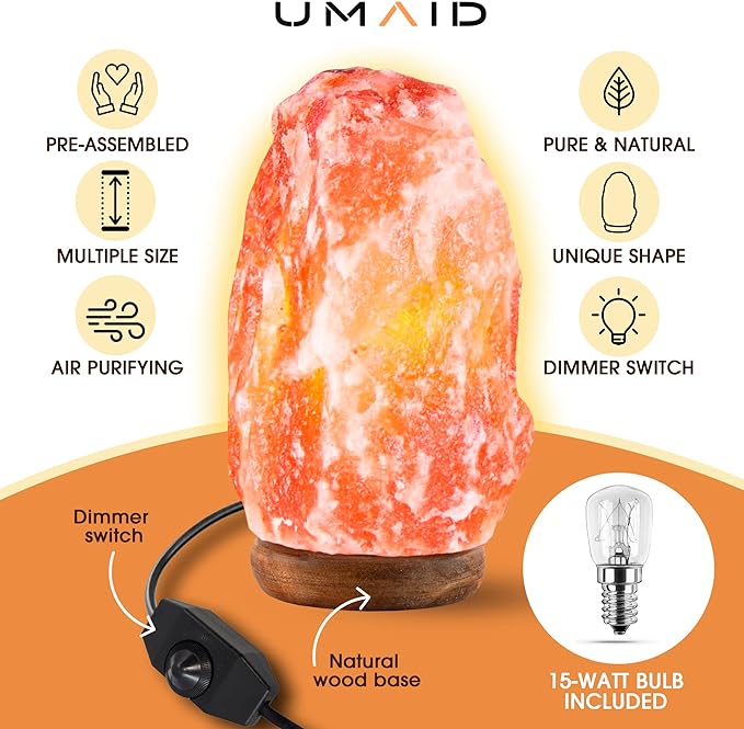 UMAID Himalayan Salt Lamp 8-10 inch (7-11 lb) with Dimmable Switch and Night Light Bulb on Handcrafted Wooden Base, Natural Pink Rock Salt Lamp