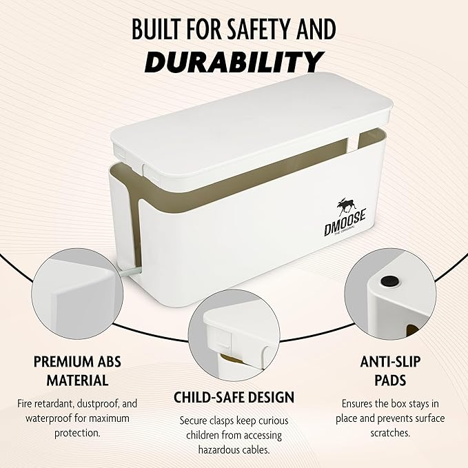 DMoose Cable Management Box - 2 Pack Medium & Large Cord Organizer for Desk & Floor - Cable Organizer Box for Child & Pet - Cable Box Hider for Tidy Office & Home, Power Strip Cover (White, Pack of 2)