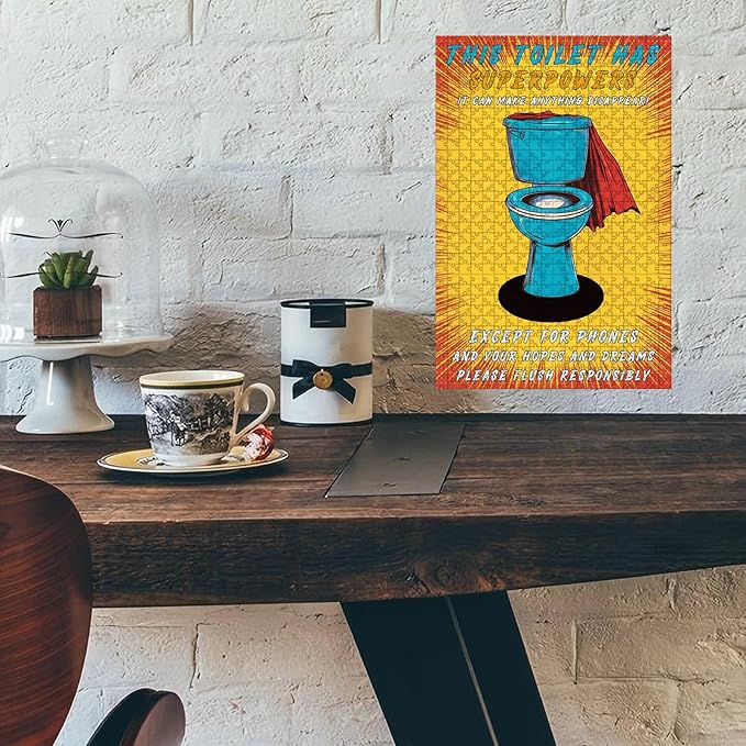 500 Piece Wooden Jigsaw Puzzle Toilet Superpowers for Adults Kids Challenging Educational Game Stress Relief Time Killing Focus Tool for Home Bar Decor & Friends Gatherings 20.4x15 Inch