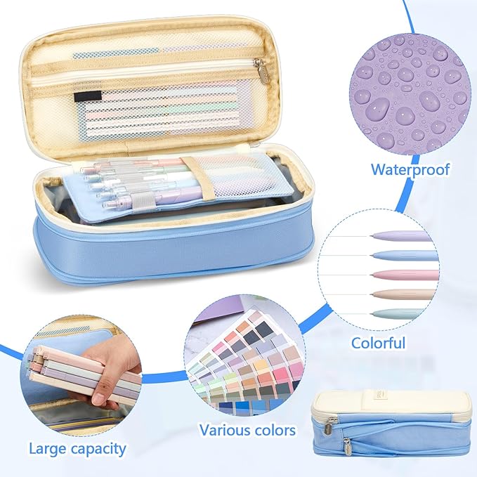 135 Pcs Book Annotation Kit Aesthetic Pencil Case Bag with 12 Highlighter 11 Gel Pen 1 Marker 300 Sheets Transparent Sticky Notes Pads 2640 Index Tabs Bible Study Supplies for School Gift(Light Blue)