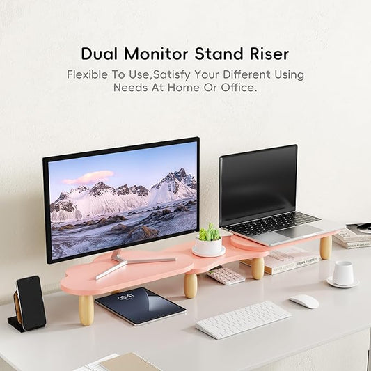 Dual Monitor Stand Riser,Rainbow Cloud Desktop Computer Stand for 2 Monitors,Adjustable Length and Angle Multifunctional Desktop Organizer Stand for Laptop, PC, Computer, Printer,Pink