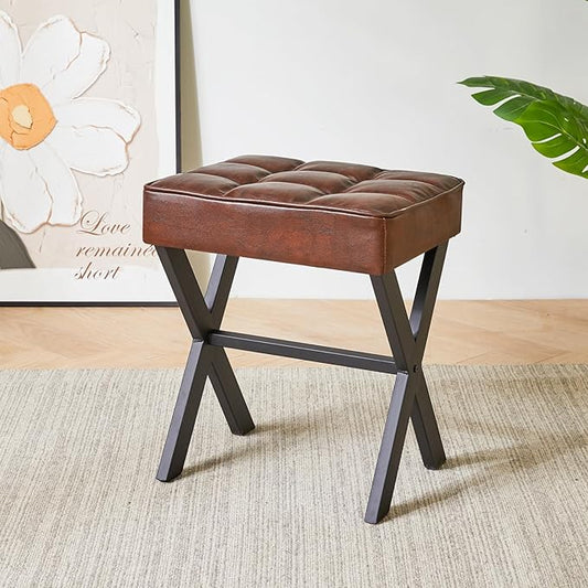 IBUYKE Square Makeup Stool with X-Leg Foot Rest, PU Footrest, Ottoman Seat Vanity Stool, Multi-Use as Small Side Table, for Bedroom, Living Room, Dark Brown LG-71Z
