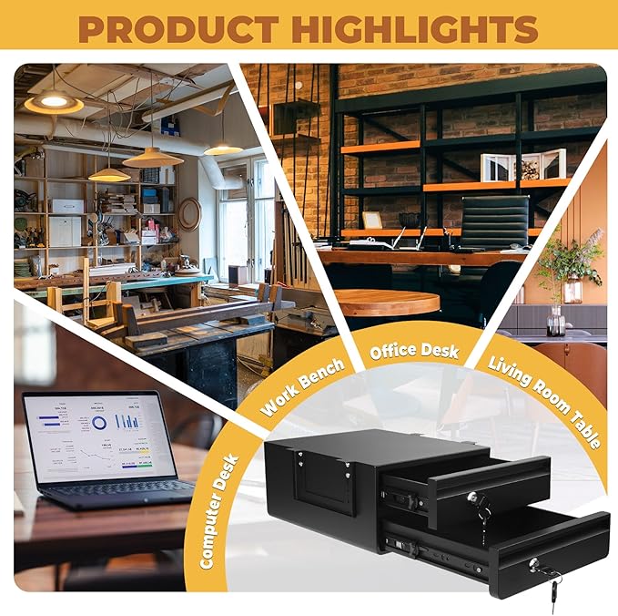 14 In Double Under Desk Drawer,Under Desk Pull Out Drawer with Lock and Keys,Adjustable Height, Metal Storage Drawer with Slide Extension Mounted Under Flat Wooden Table or Workbench, Black