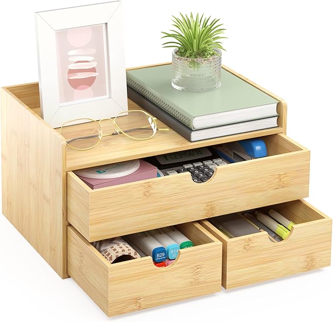 Wisuce Bamboo Desk Organizer - Mini Bamboo Desk Drawer Tabletop Cosmetic Storage Organization for Office or Home (Nature 3 Drawers)