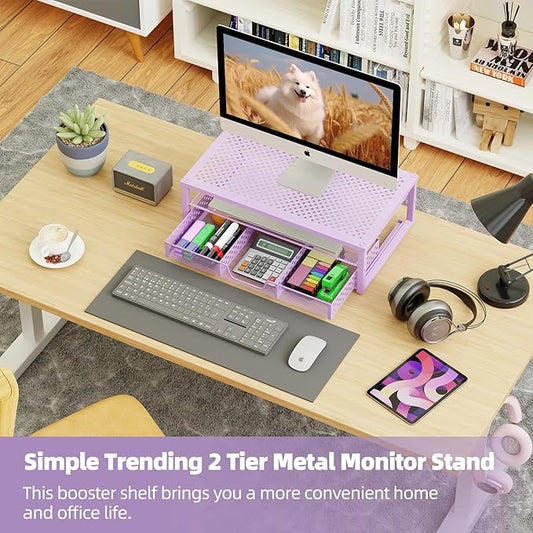 Simple Trending Metal Monitor Stand Riser and Computer Desk Organizer with Drawer for Laptop, Computer, iMac, Purple