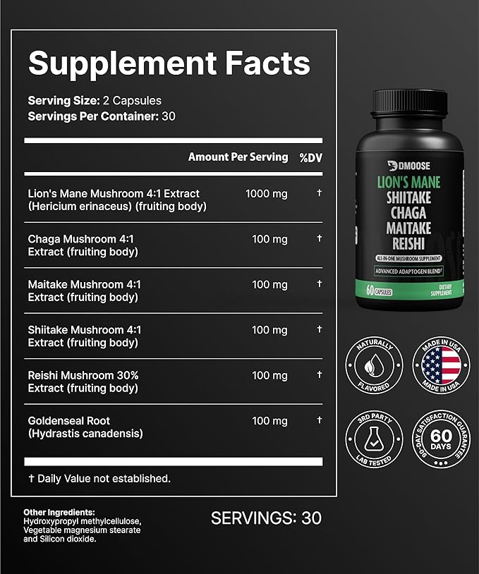 Lions Mane Mushroom Complex - 5300 mg Adaptogenic Blend for Memory, Focus and Immune Support - 5 in 1 Lionsmane, Chaga, Maitake, Shiitake and Reishi Extract, Nootropic Mushroom Supplement Capsules