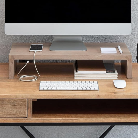 Anji Mountain Wooden Monitor Stand - Elegant Monitor Riser, Perfect Monitor Stand for Desk Organization, Durable Wood Construction monitor stands, Enhances Ergonomics and Workspace Efficiency,Biscotti