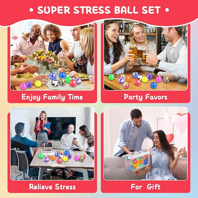 128 Pack Stress Balls for Adults, Bulk Squishy Ball, BulkStress Balls Set, Anti-Anxiety and Fidget Balls to Relax, Party Favors, Birthday Gifts, Goodie Bag Stuffers