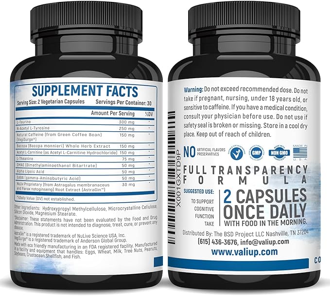 VALI Neuro Force Brain Booster Supplement for Focus, Memory, Clarity & Energy. Extra Strength Nootropic Cognitive Function Support for Mental Performance. with Natural Caffeine. 60 Veggie Capsules