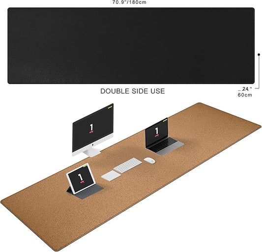 MAIDERN 70.8”x 23.6” Leather Desk Mat, Large Desk Pad, Reversible Cork & Leather Large Mouse pad for Desk, Waterproof Computer Desk Mat for Gaming Home Office (Black) …