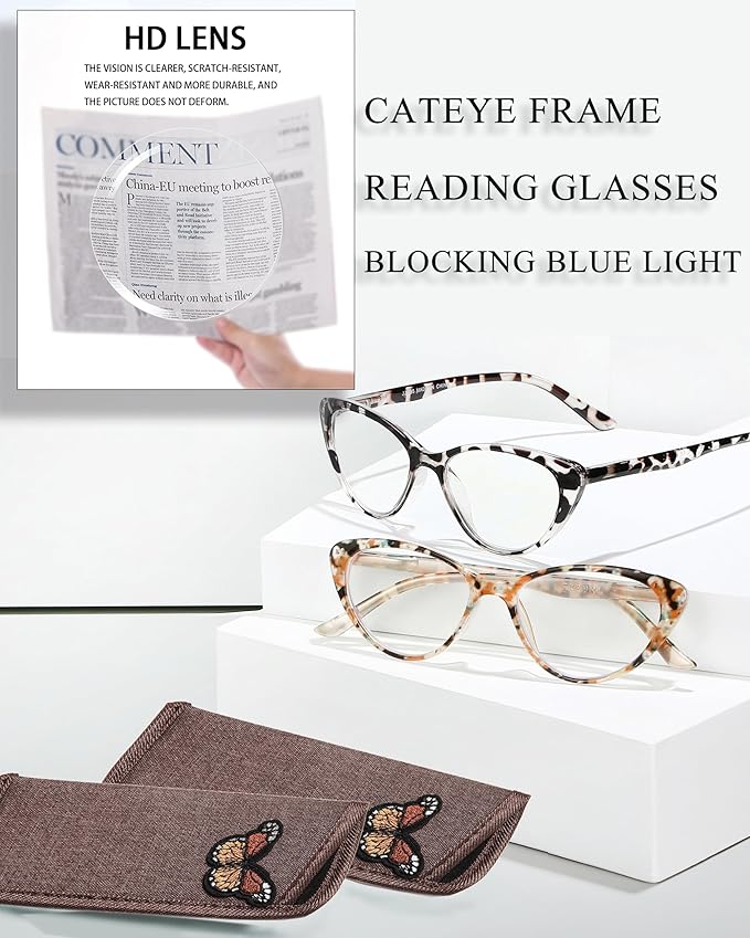 EYEURL Cat Eye Reading Glasses for Women -2 Pack of Blue Light Blocking Readers Spring Hinge Computer Eyeglass with Tortoise/Champagne Pattern Design Readers for women +2.00