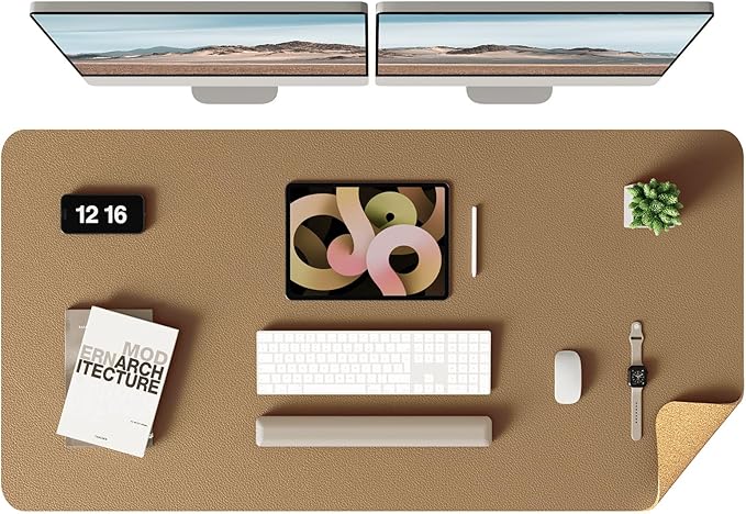 YSAGi Double-Sided Desk Mat, Eco Cork & Leather Desk Protector, Large Mouse Pad & Writing Pad for Office/Home (Khaki+Cork, 47.2" x 23.6")